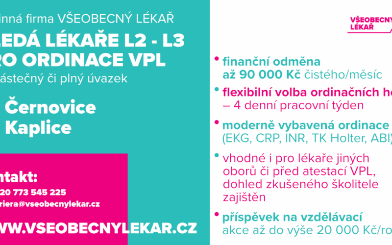 Rodinná firma Všeobecný lékař hledá lékaře L2-L3 pro ordinace VPL – Černovice, Kaplice