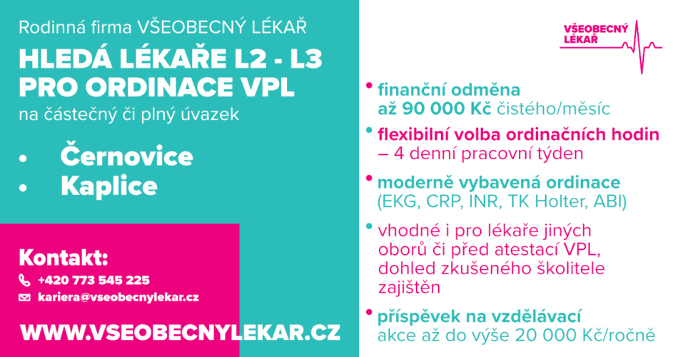 Rodinná firma Všeobecný lékař hledá lékaře L2-L3 pro ordinace VPL – Černovice, Kaplice