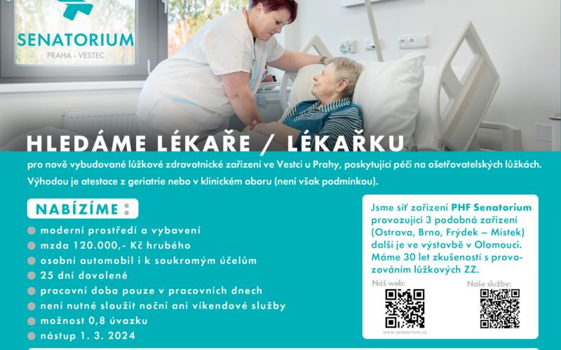 Senatorium Praha – Vestec hledá lékaře/ku pro nově vybudované lůžkové zdravotnické zařízení ve Vestci u Prahy, poskytující péči na ošetřovatelských lůžkách