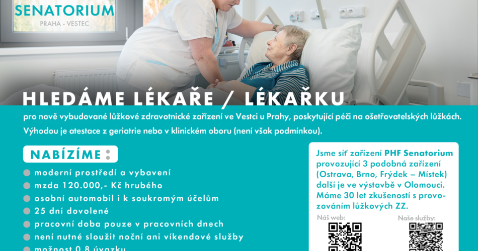 Senatorium Praha – Vestec hledá lékaře/ku pro nově vybudované lůžkové zdravotnické zařízení ve Vestci u&nbsp;Prahy, poskytující péči na ošetřovatelských lůžkách