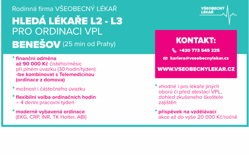 Všeobecný lékař hledá lékaře L2 – L3 pro ordinace VPL  – Benešov