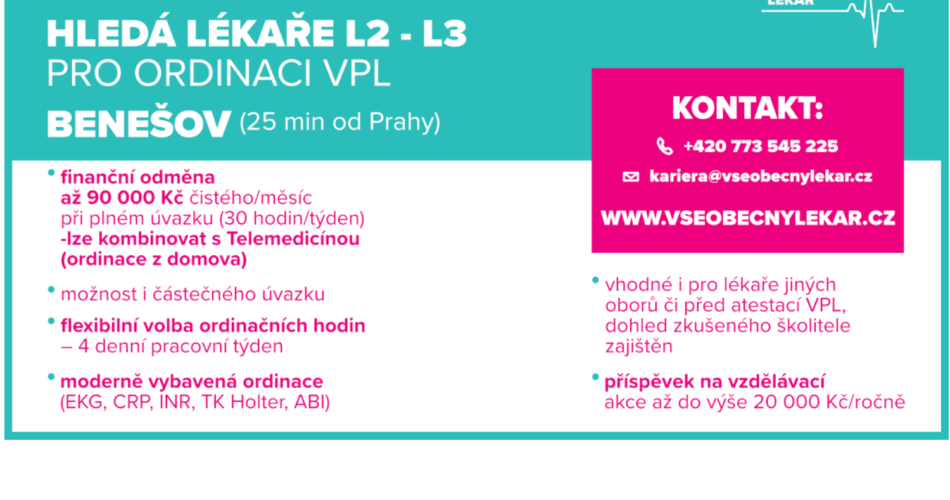 Všeobecný lékař hledá lékaře L2 – L3 pro ordinace VPL  – Benešov