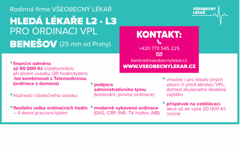 Rodinná firma Všeobecný lékař hledá lékaře L2 – L3 pro ordinace VPL  – Benešov