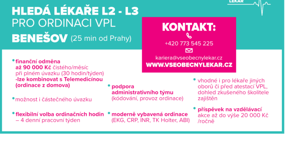 Rodinná firma Všeobecný lékař hledá lékaře L2 – L3 pro ordinace VPL  – Benešov