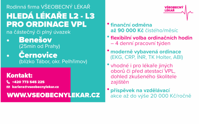 Všeobecný lékař hledá lékaře L2 – L3 pro ordinace VPL  – Benešov, Černovice