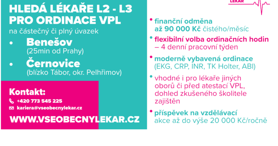 Všeobecný lékař hledá lékaře L2 – L3 pro ordinace VPL  – Benešov, Černovice