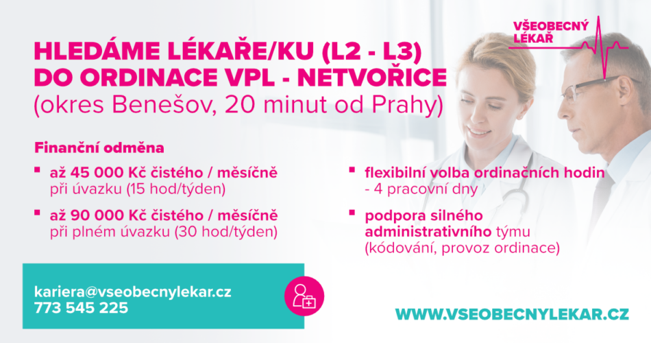 Hledáme lékaře/ku (L2-L3) do ordinace VPL – Netvořice