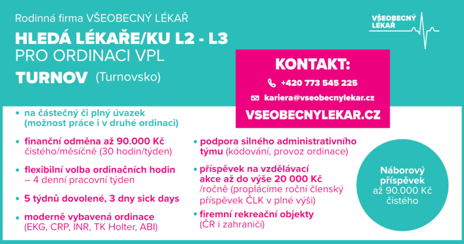 VŠEOBECNÝ LÉKAŘ hledá lékaře/ku L2 – L3 pro ordinaci VPL – TURNOV