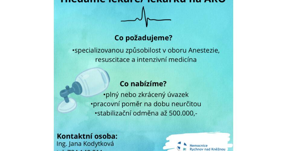 Nemocnice Rychnov nad Kněžnou přijme do pracovního poměru lékaře/lékařku L3 na oddělení ARO