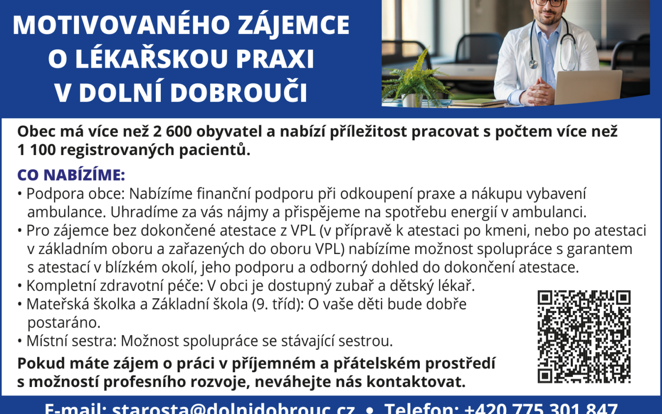 Hledáme motivovaného zájemce o lékařskou praxi v Dolní Dobrouči