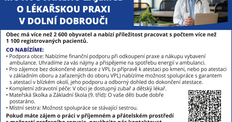 Hledáme motivovaného zájemce o lékařskou praxi v Dolní Dobrouči