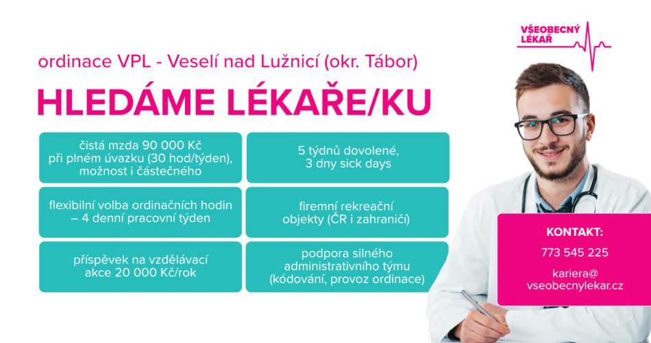 Hledáme lékaře/ku do ordinace VPL – Veselí nad Lužnicí (okr. Tábor)