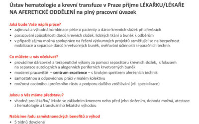 Ústav hematologie a krevní transfuze v Praze přijme LÉKAŘKU/LÉKAŘE NA AFERETICKÉ ODDĚLENÍ na plný pracovní úvazek