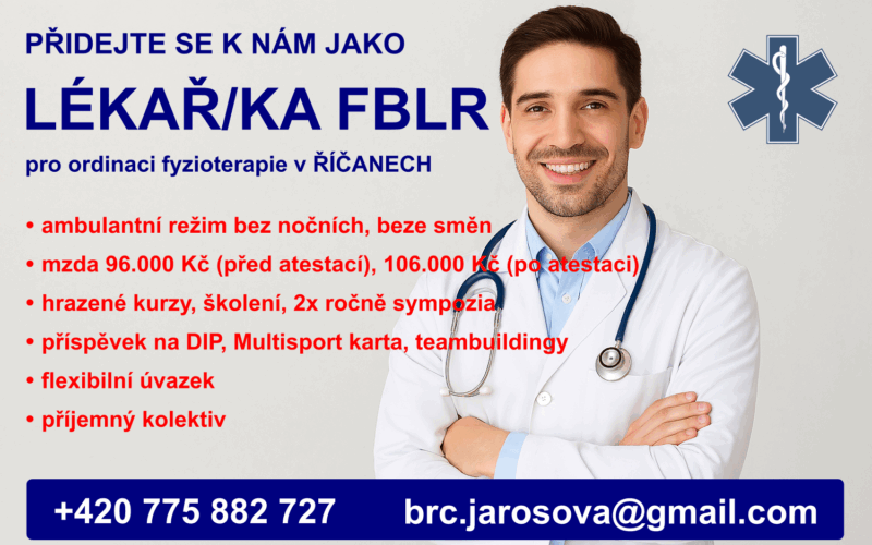 Hledáme lékaře/ku FBLR pro nestátní zdravotnické zařízení fyzioterapie na pracoviště v Říčanech u Prahy.