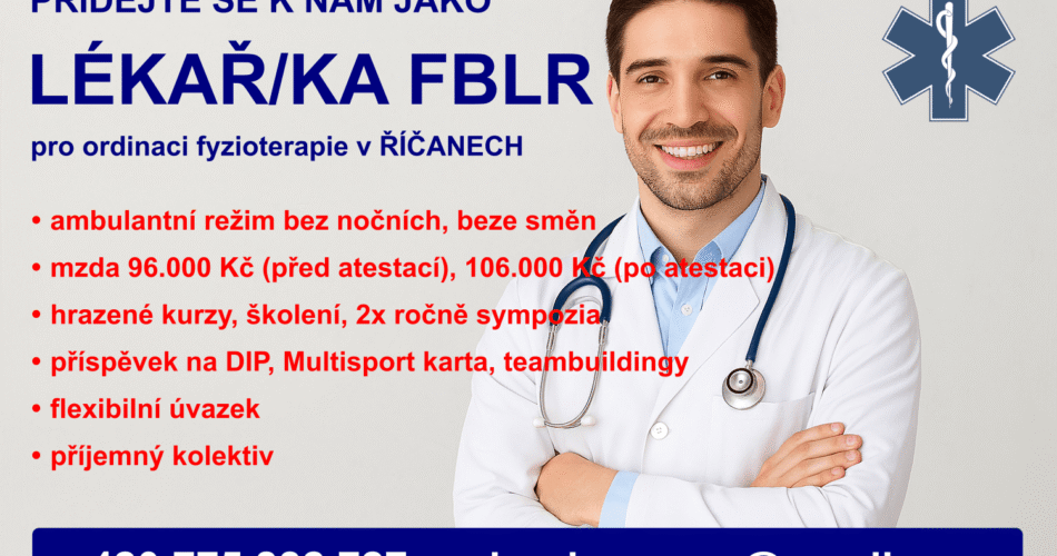 Hledáme lékaře/ku FBLR pro nestátní zdravotnické zařízení fyzioterapie na pracoviště v Říčanech u Prahy.